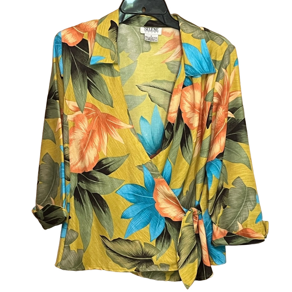 Selene  Women's Tropical Wrap Top - Yellow, Blue, Orange long sleeve S.       Fc